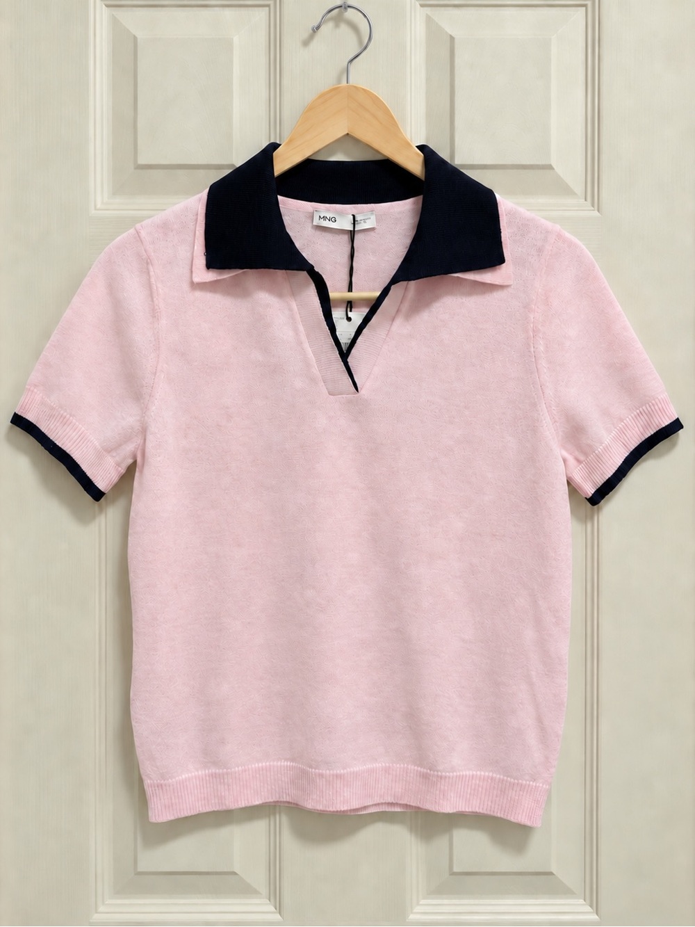 Mango Contrast Polo Neck Sweater - Pink/Navy